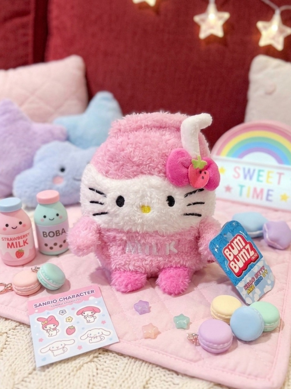 Sanrio Hello Kitty Pink & White Strawberry Milk Plush BumBumz